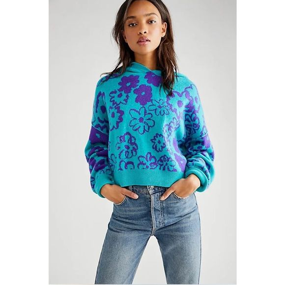 New Free People Cashmere Flower Hoodie Size Medium Blue In Color